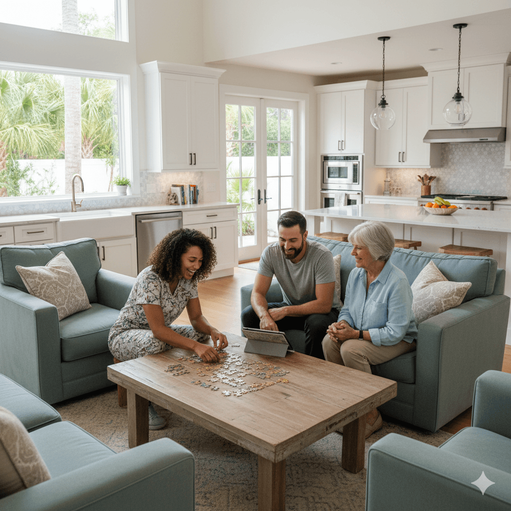 Seniors enjoying a modern, fully furnished co-living space in St. Augustine