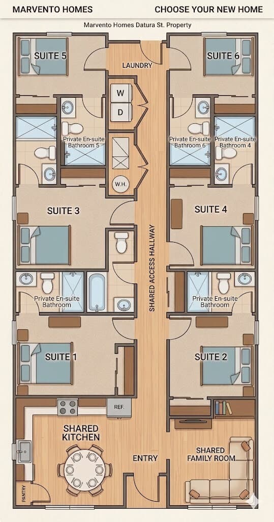 Floor plan for Marvento Homes Datura Street property showing rooms, private en suite bathrooms, shared kitchen, family room, laundry, and hallway