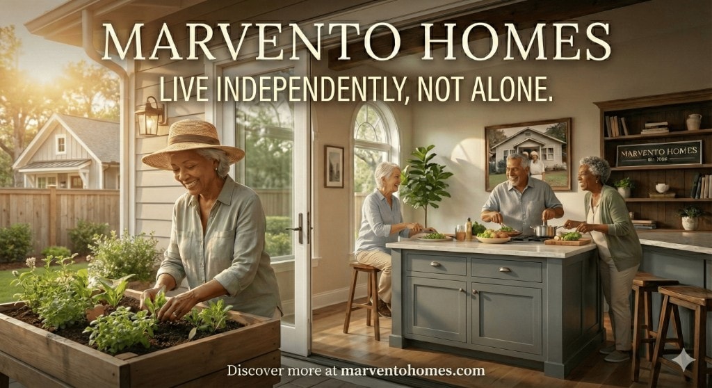 Seniors enjoying independent shared residence living at Marvento Homes — gardening, cooking, and community